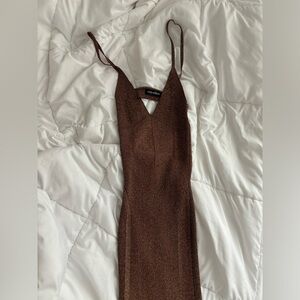 Retrofete v neck midi dress in brown gold